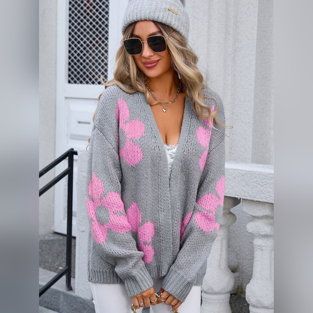 Angel Wings Flower Open Front Long Sleeve Cardigan